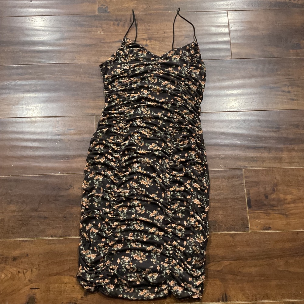 Almost Famous Black Floral Ruched Mesh Bodycon Mini Dress DD812KB03 Womens Small